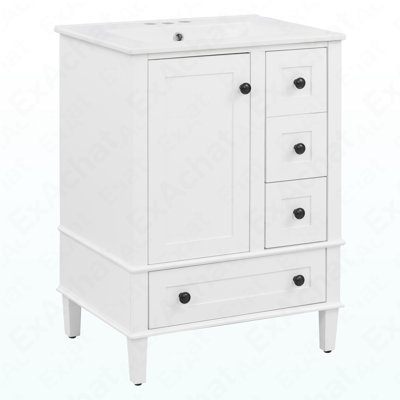 Meuble-lavabo blanc de 24 po avec lavabo intégré en céramique, tablette à double couche, tiroirs à fermeture en douceur et porte d'armoire à fermeture en douceur