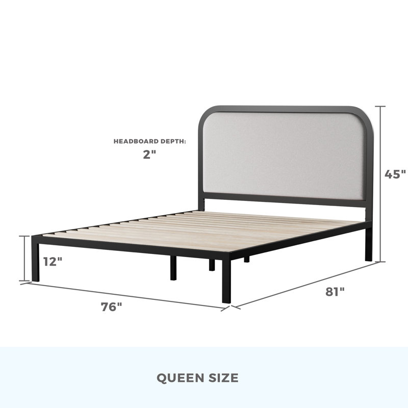 Queen Black Metal Bed Frame with Upholstered Headboard and Slats