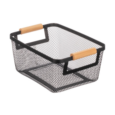 Metal Mesh Pantry Basket with Wooden Handle - Black/Natural