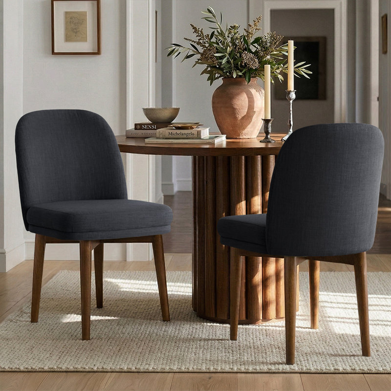 Black Linen Dining Chairs with Solid Wood Legs, Charcoal