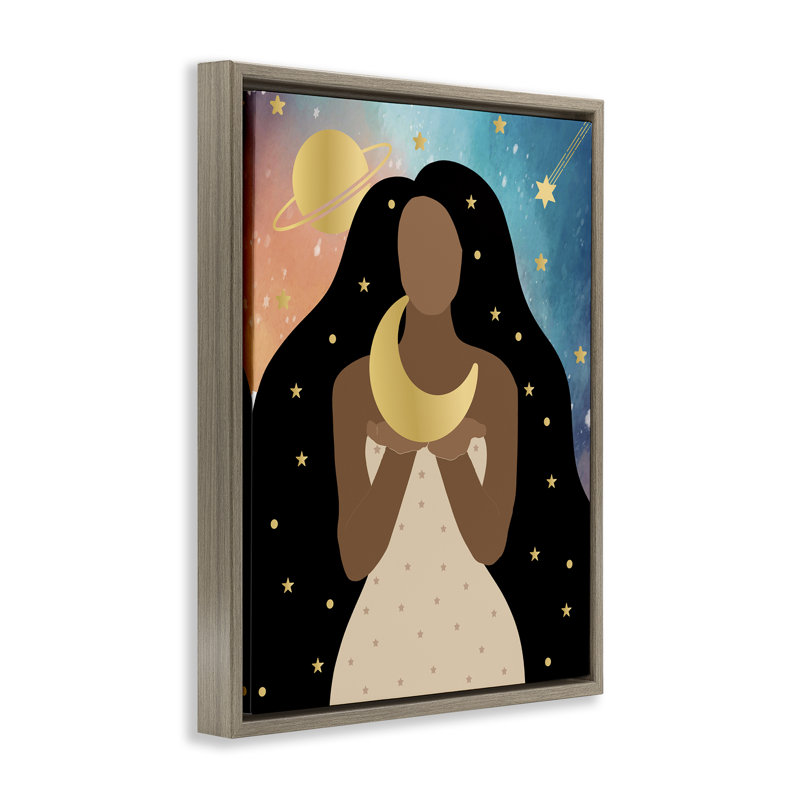Femme tenant la lune, H 21 po x l 17 po, Cadre flottant orme Montalcino