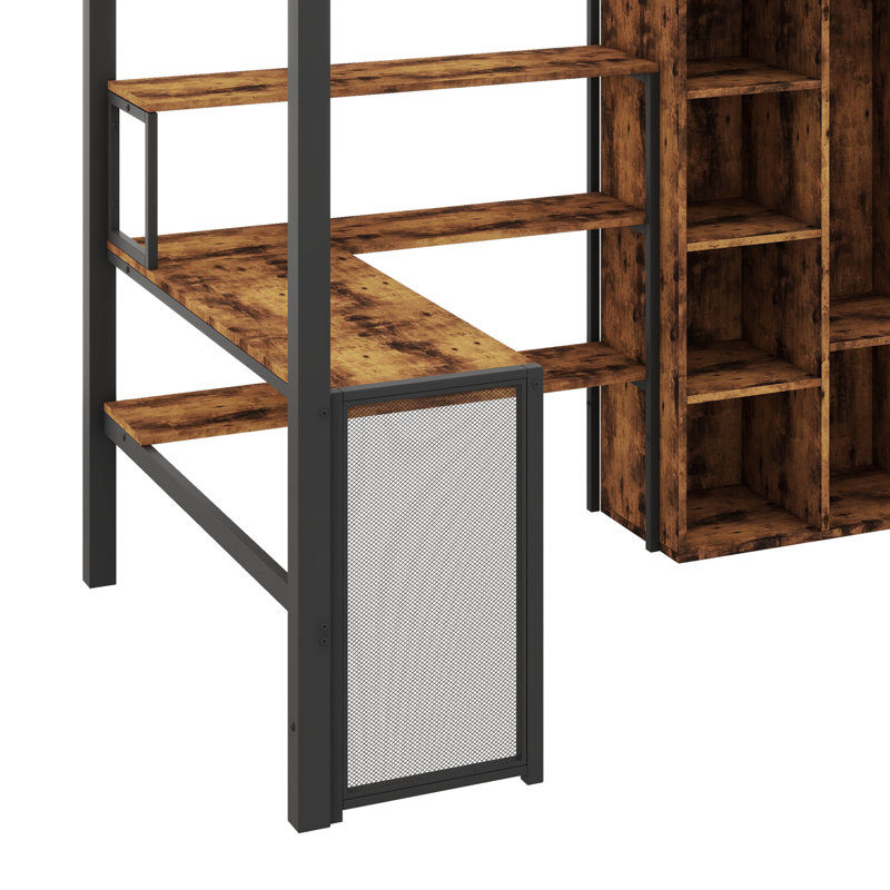 Lit mezzanine double en métal avec garde-robe et étagère pour poste de travail intégré