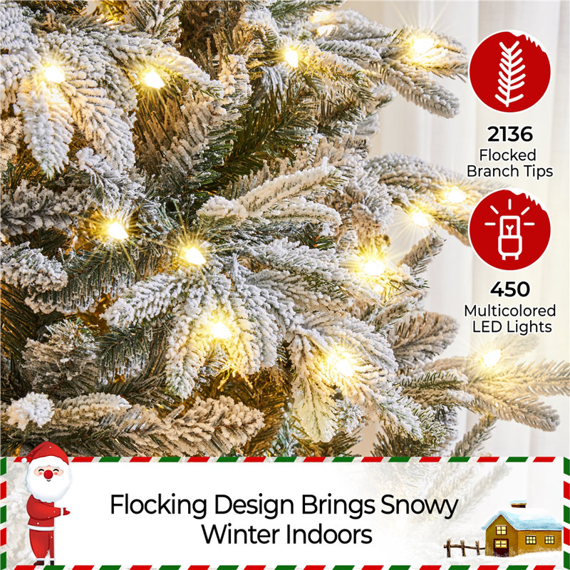 Pre-lit Snow Flocked Christmas Tree with Multicolored LED Lights of 9 Light Modes, 7.5'
