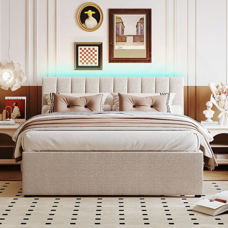 Lit plateforme tapissier Teddy, Beige, Full