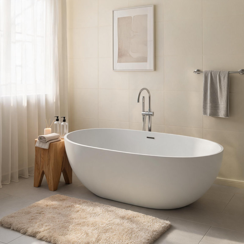 61 inch Matte White Solid Surface Deep Soaking Bathtub with Slip Resistant Contour