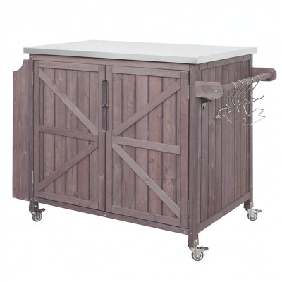 Îlot de cuisine 42,1 po avec tablette latérale, chariot de barbecue avec armoire de rangement, armoire de cuisine extérieure avec plateau en acier inoxydable, tablette réglable et 4 roulettes pour la préparation de pizza, brun foncé