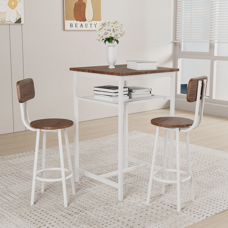 Table avec 2 tabourets de bar, Blanc, Brun, Brun / Blanc