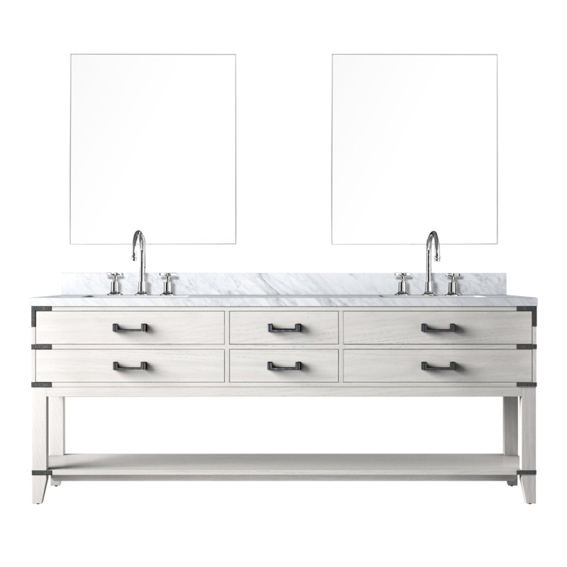 Meuble-lavabo double l 84 po x P 22 po, chêne blanc, comptoir en marbre, robinet, miroirs 22 po P avec plateau, 36 po