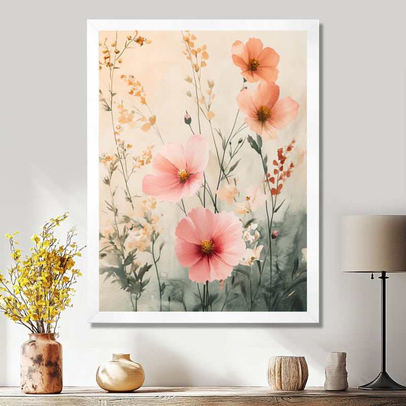 Jardin de fleurs sauvages printanières rose pâle ivoire clair II - Tableau encadré, H 44 po x l 34 po, White Picture Framed