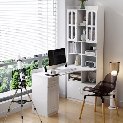 Bureau d'ordinateur d'angle en L pour bureau à domicile ou bureau d'étude, table d'étude de style moderne avec tiroirs, bibliothèque et huche, conception en L 2 en 1, grand espace de travail, blanc