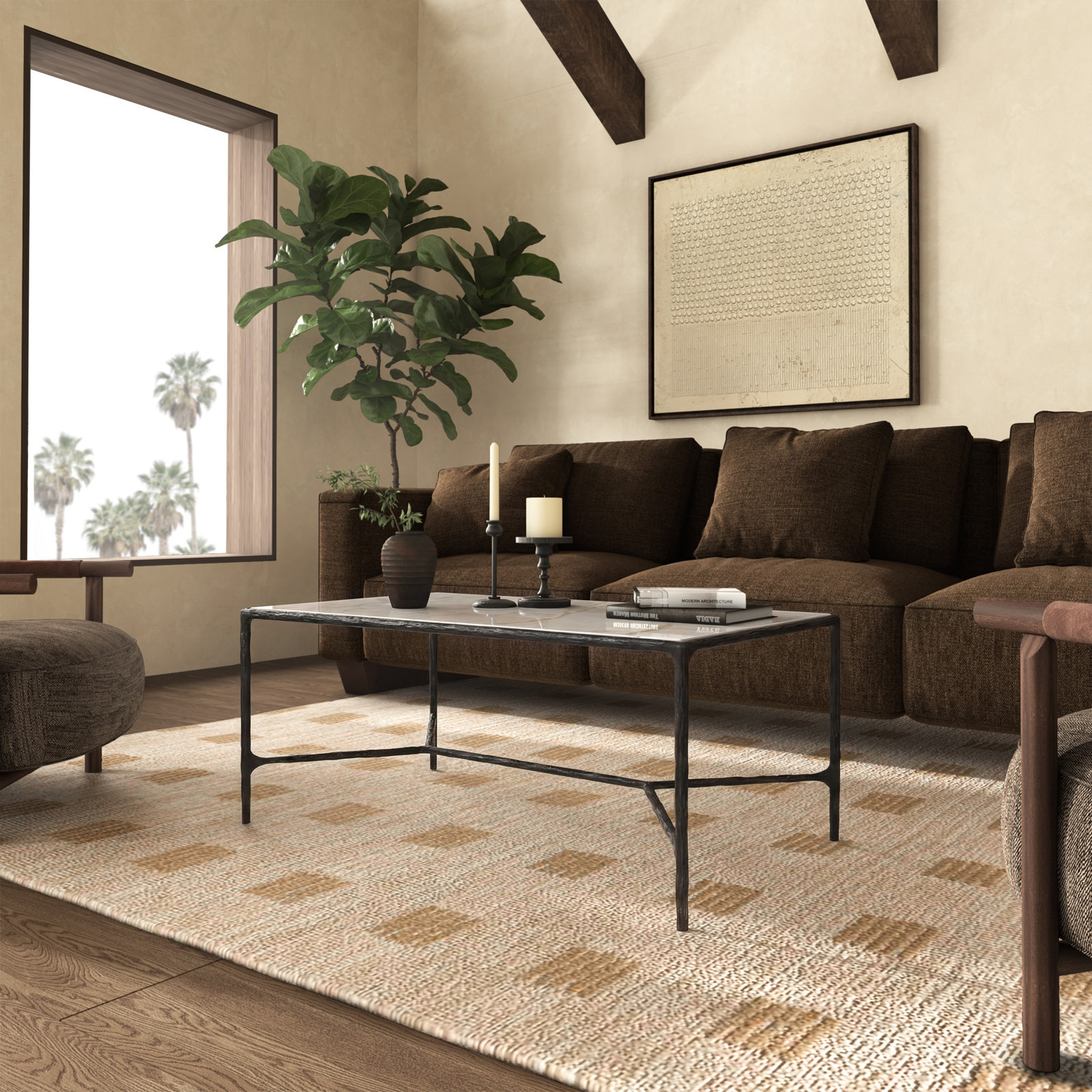 Evelynn 40" Glass Coffee Table, White Marble, Black