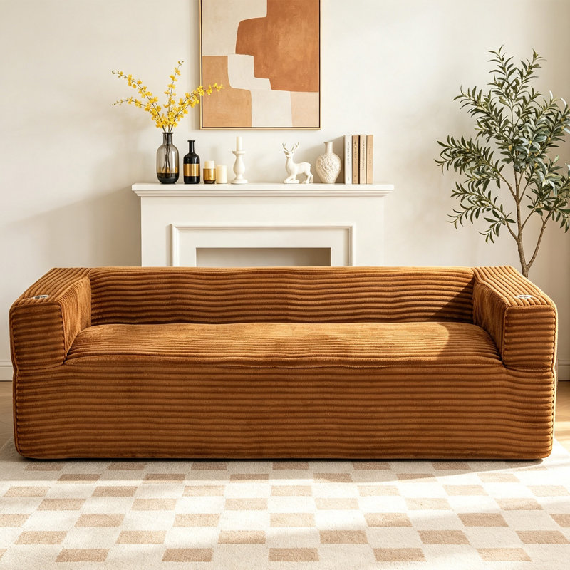 Canapé à compression en velours côtelé de 92 po avec porte-gobelets et rangement Boneless, Orange