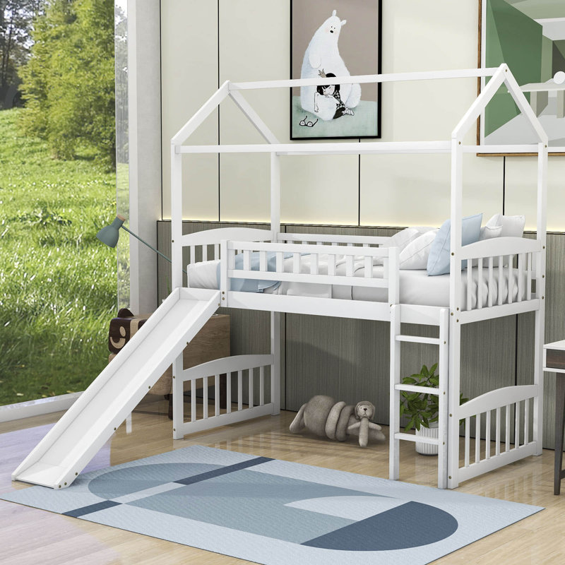 Twin Size House Wood Loft Bed with Slide, White