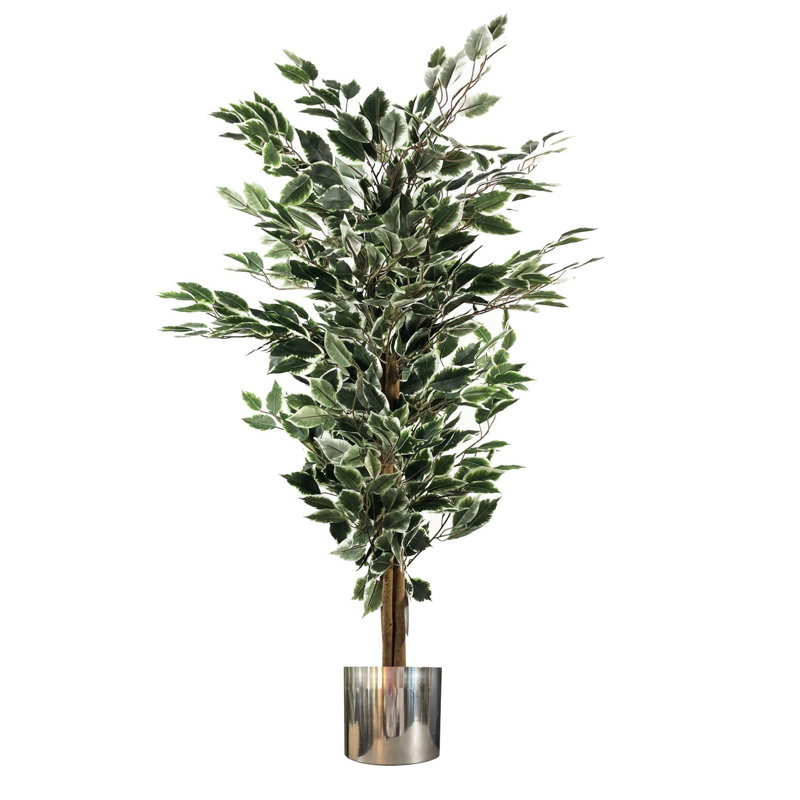 130cm Faux Ficus Tree in Metal Pot, Silver