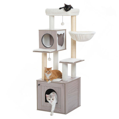 Arbre à chat avec bac à litière, tour à chat en bois pour chats d'intérieur avec armoire de rangement et condo confortable pour chat, poteau à griffes recouvert de sisal et boules suspendues remplaçables
