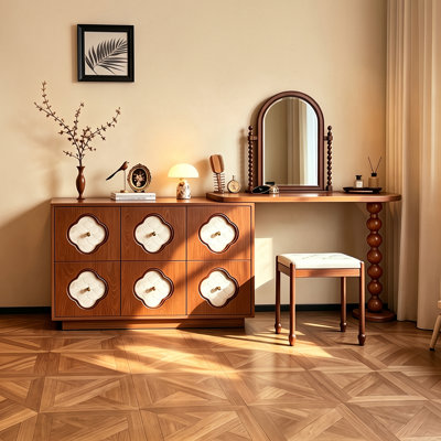 Wood Vanity Desk with 6 Deep Drawers, Floral-Inspired Inlay Fronts and Wide Two-Level Desktop, Makeup Dressing Table for Women and Girls