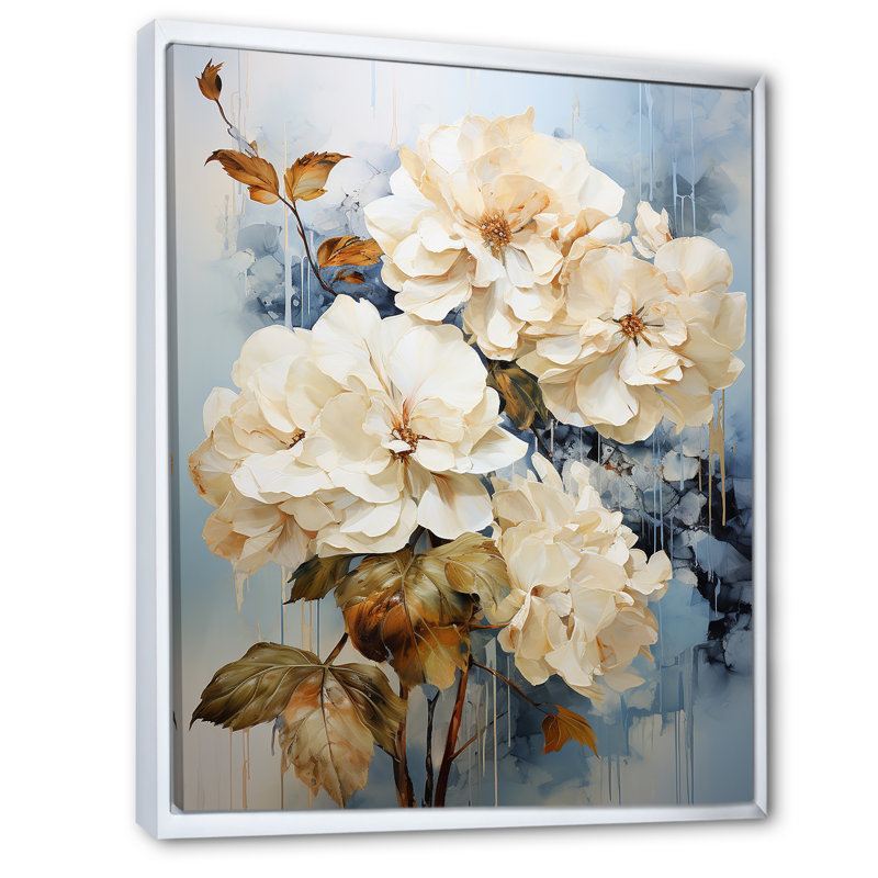 «Minimal Beige Hydrangea Grace», reproduction sur toile, Cadre flottant blanc, H 20 po x l 12 po x P 1 po