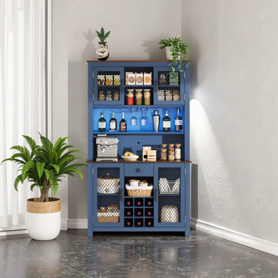 Armoire de cuisine 70,9 po bleu marine Farmhouse avec huche de buffet, prises à DEL, support à vin et tablettes réglables