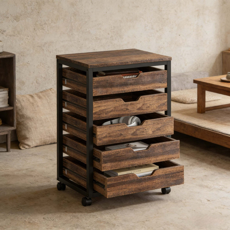 Mobile Industrial-Style 5-Drawer Storage Cabinet with Printer Stand and Quiet Glide Wheels for Office or Home Use.