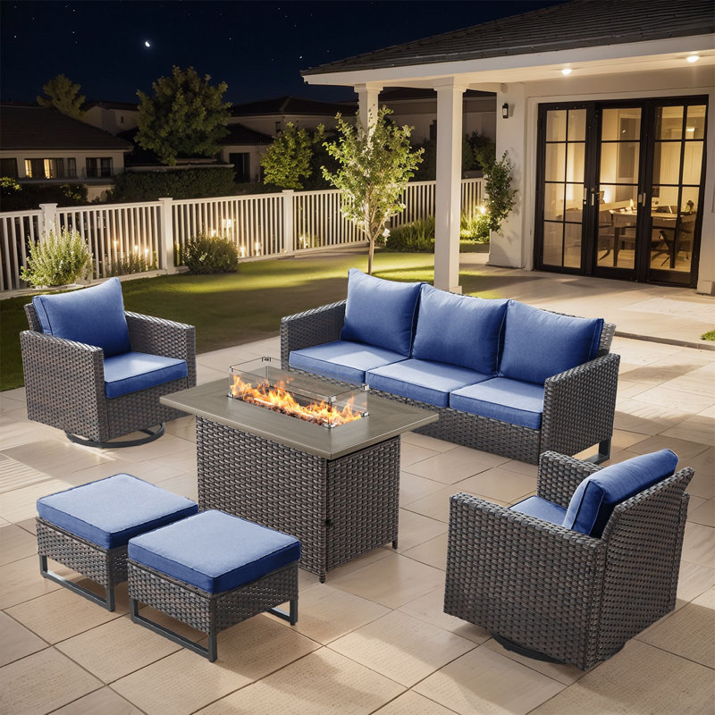Naresa 6-Piece Outdoor Sofa Set, Wicker Patio Furniture Set With Fire Pit Table, All-Weather PE Wicker , Brown Wicker Beige Cusion