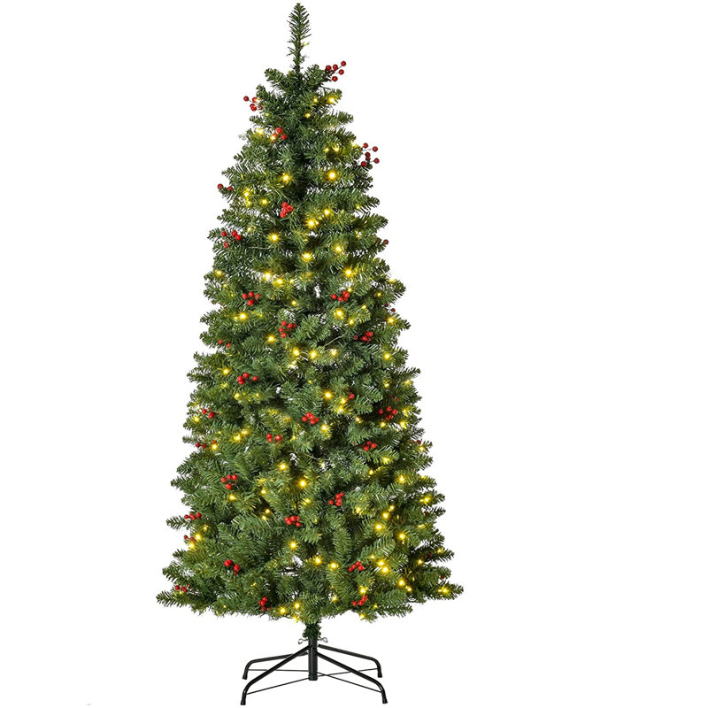 HOMCOM Prelit Pencil Christmas Tree w/ LED Light Berry Xmas Decoration, 5' H