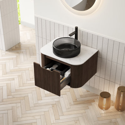 Meuble-lavabo de salle de bain, armoire de rangement à contreplaqué à bordures flottantes rayées avec tiroir, lavabo en verre rond et plateau fritté, pré-assemblé