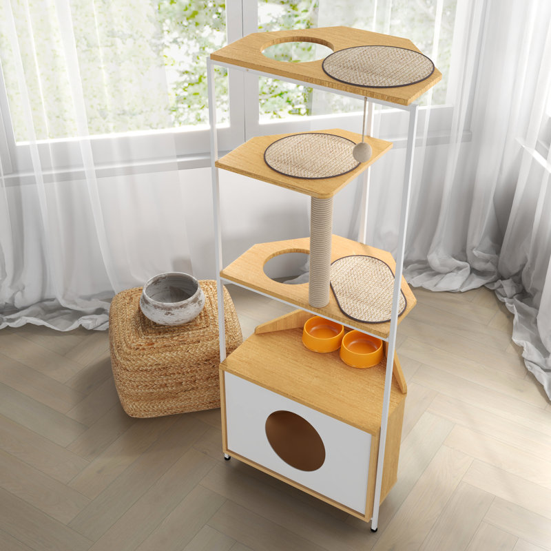 Arbre à chat avec poste d'alimentation et poteau à griffer, espace - blanc + chêne, coffre-fort amusant pour les chats d'intérieur