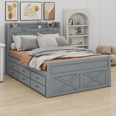 Wooden Bed With Storage Headboard With Outlets,Trundle And Drawers