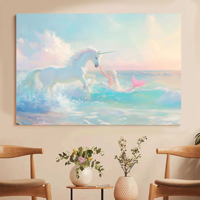 1Pc encadré sur toile affiche enchantée scène d'océan avec licorne et sirène, art mural, parfait pour la décoration de chambre salon chambre bureau cuisine salle de bain décor à la maison, cadeau de décoration murale idéal pour la maison