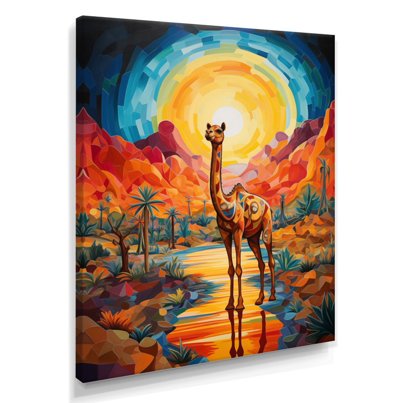 Chameau dans un paysage désertique coloré du Sahara II - art mural chameau dans un salon, H 32 po x l 16 po x P 1 po