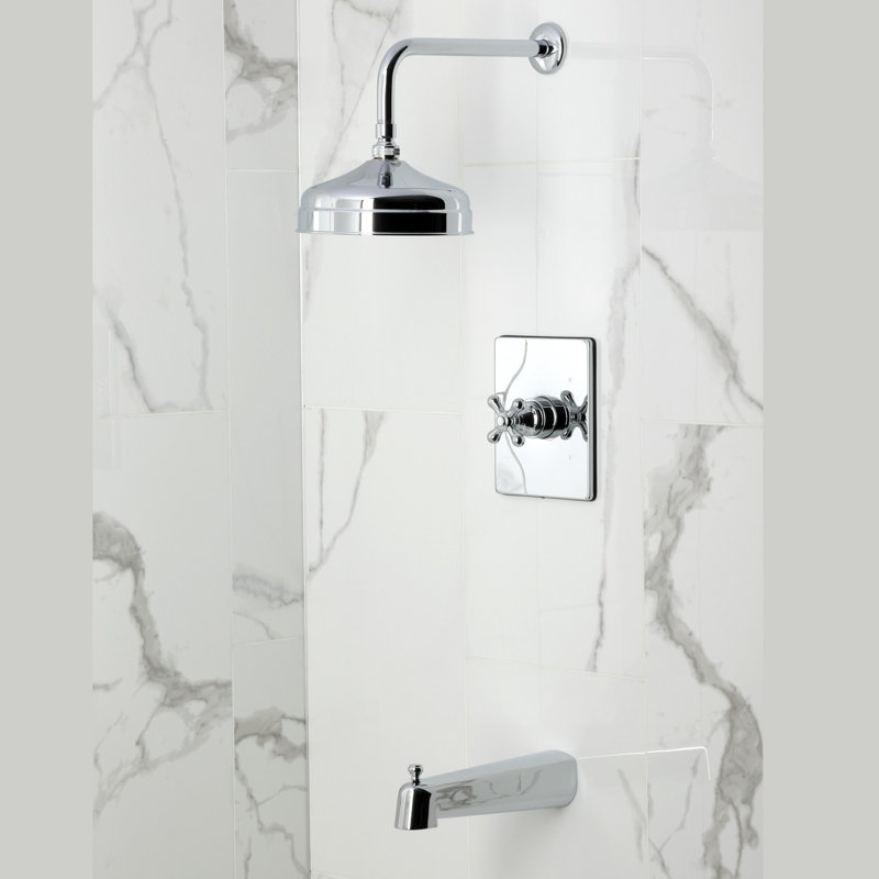 Robinet de baignoire et de douche à pression équilibrée à poignée simple Kingston Brass, Chrome poli, Poignées croix
