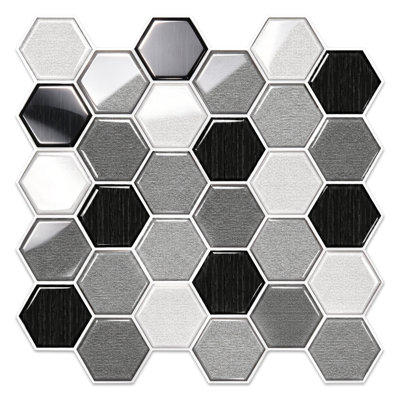 Carrelage mural auto-adhésif 11,8 po x 11,8 po Whie-Black Hexagon Peel & Stick pour cuisine, salle de bain (paquet de 10)