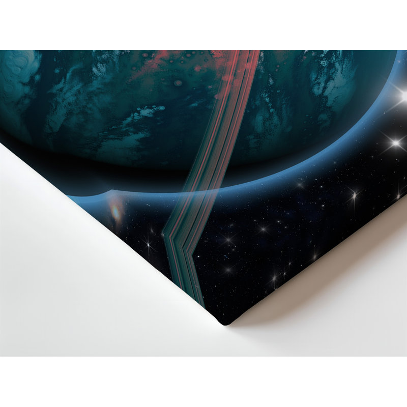 Toile dans un tableau cosmique envoûtant, une grande planète centrale met en valeur des nuages tourbillonnants de bleu profond et de sarcelle