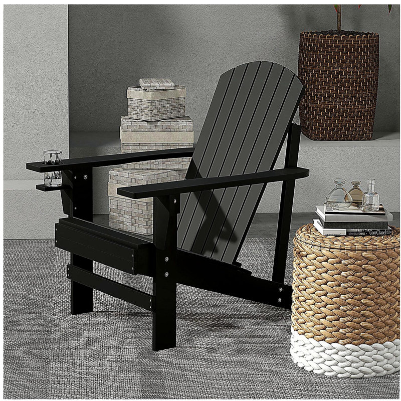Outsunny Wooden Adirondack Chair, Outdoor Patio Lawn Chair with Cup Holder, Weather Resistant Lawn Furniture, Classic Lounge for Deck, Garden, Backyard, Fire Pit, Black