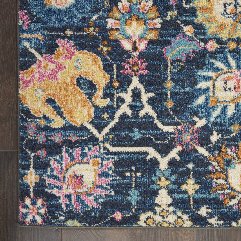 Tapis bleu marine / orange en polypropylène tissé à la machine, Rectangle 3 pi 9 po x 5 pi 9 po
