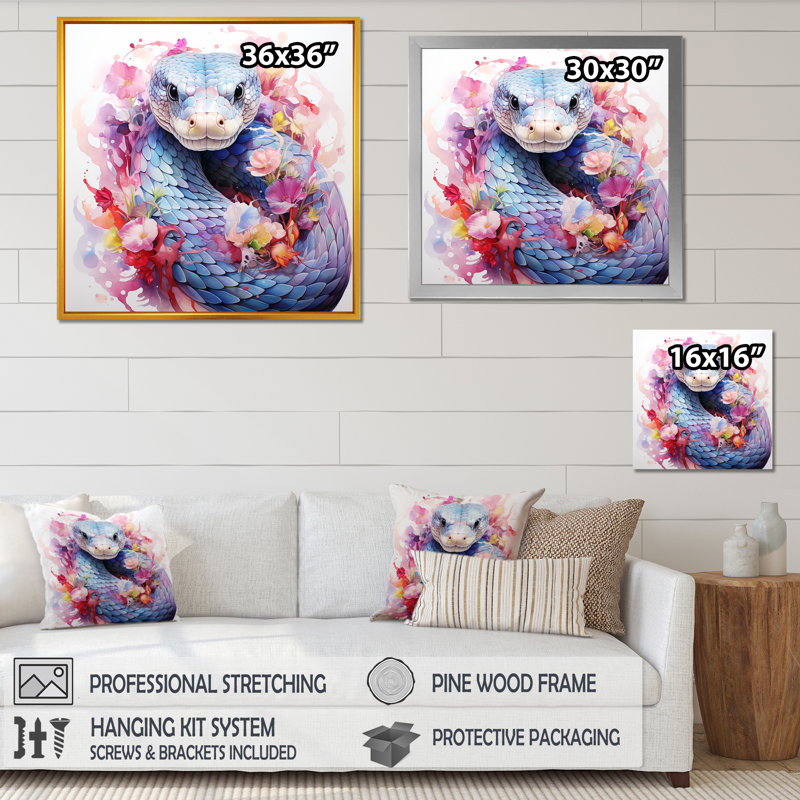 Snakes Floral Grace II - Snake Animal, art mural, Cadre simple noir, H 36 po x l 36 po x P 1,5 po