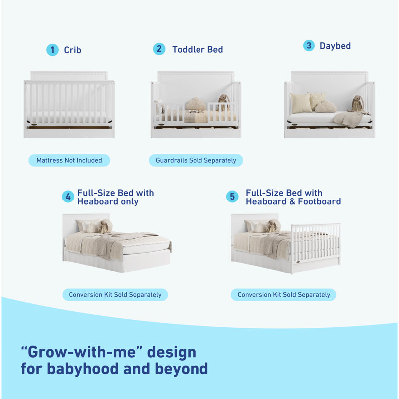 Sasha 5-In-1 Convertible Crib With Drawer, White