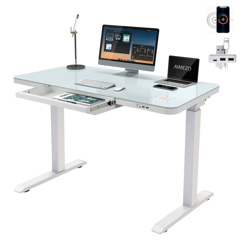 White Adjustable Height Standing Desk with Glass Top and Drawer