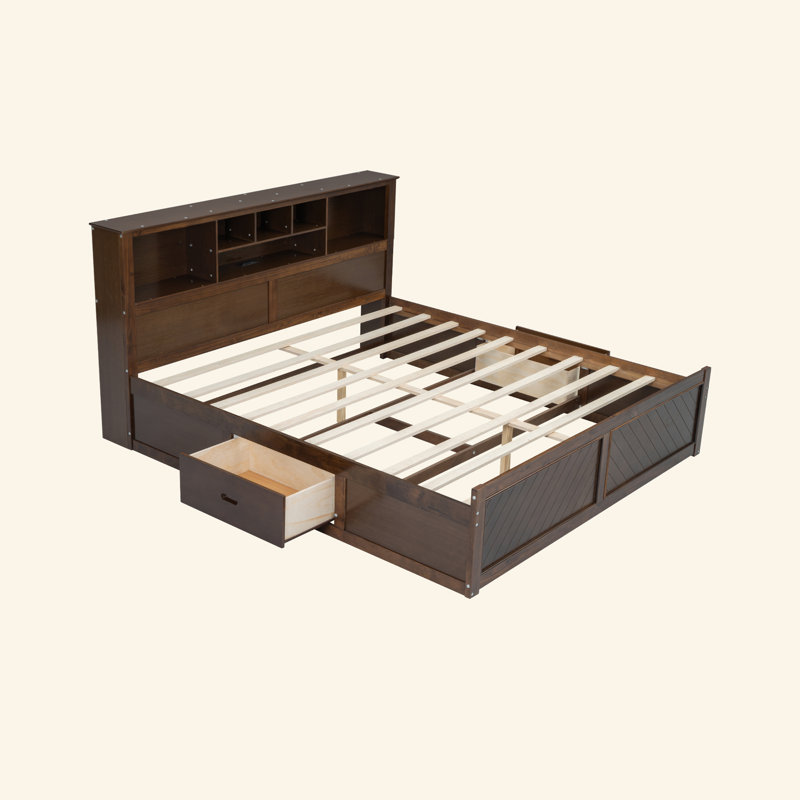 Lit plateforme très grand en bois avec tête de lit multi-rangement, USB et tiroirs, Bois