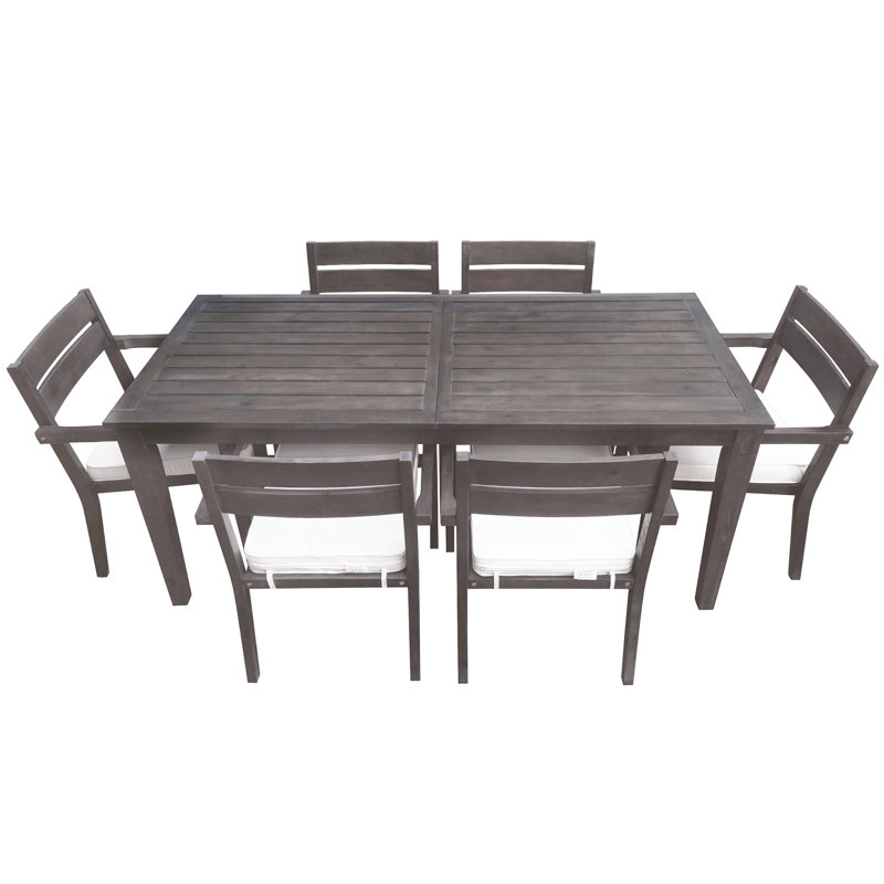 7 Pieces Acacia Wood Outdoor Dining Set With Cushions, Gray