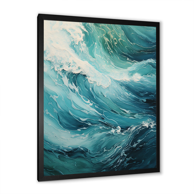 «Ocean Teal Wave Expression - Coastal Waves», reproduction sur toile encadrée, Cadre simple noir, H 20 po x l 12 po x P 1 po