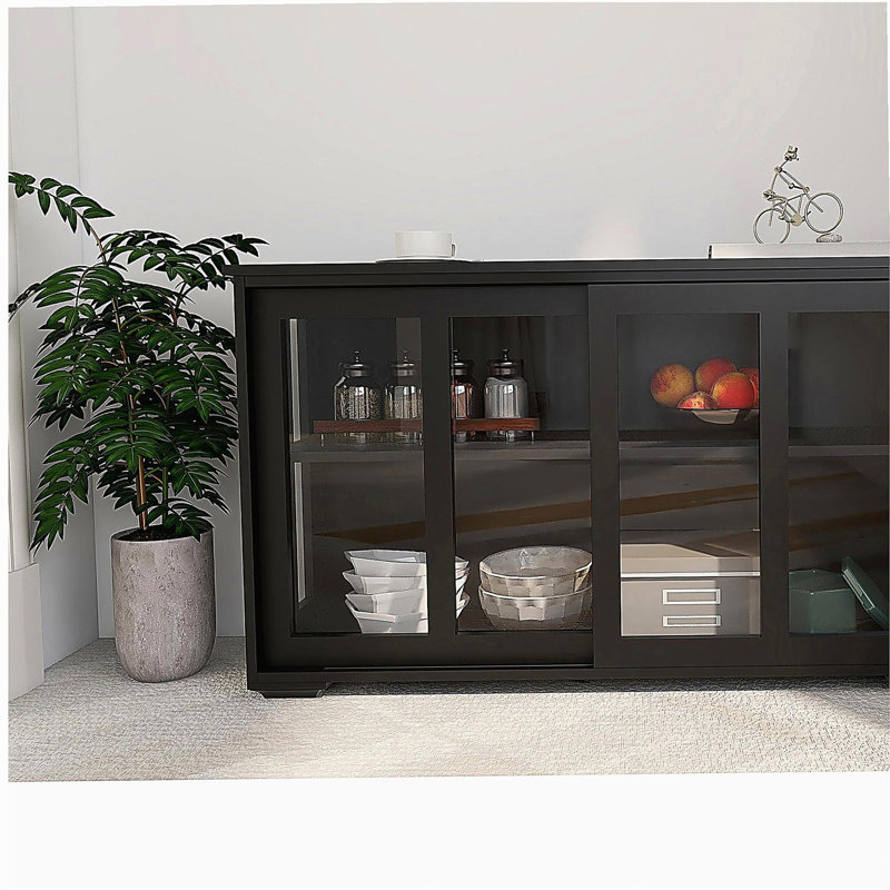 Kitchen Storage Stand Cupboard With Glass Door-Black, Black