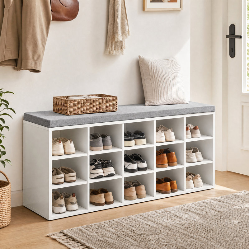 Jurina 15 Pair Shoe Storage Bench, White/Gray