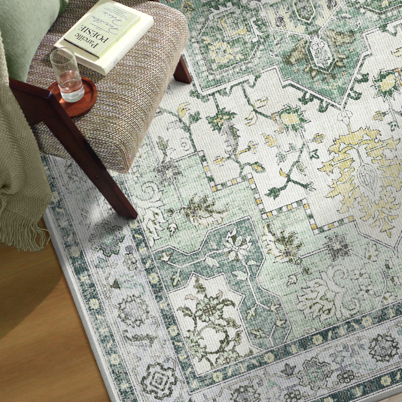 Roehit Performance Machine Washable Green / Beige Area Rug with Non-Slip Rug Pad, Rectangle 9' x 12', Green