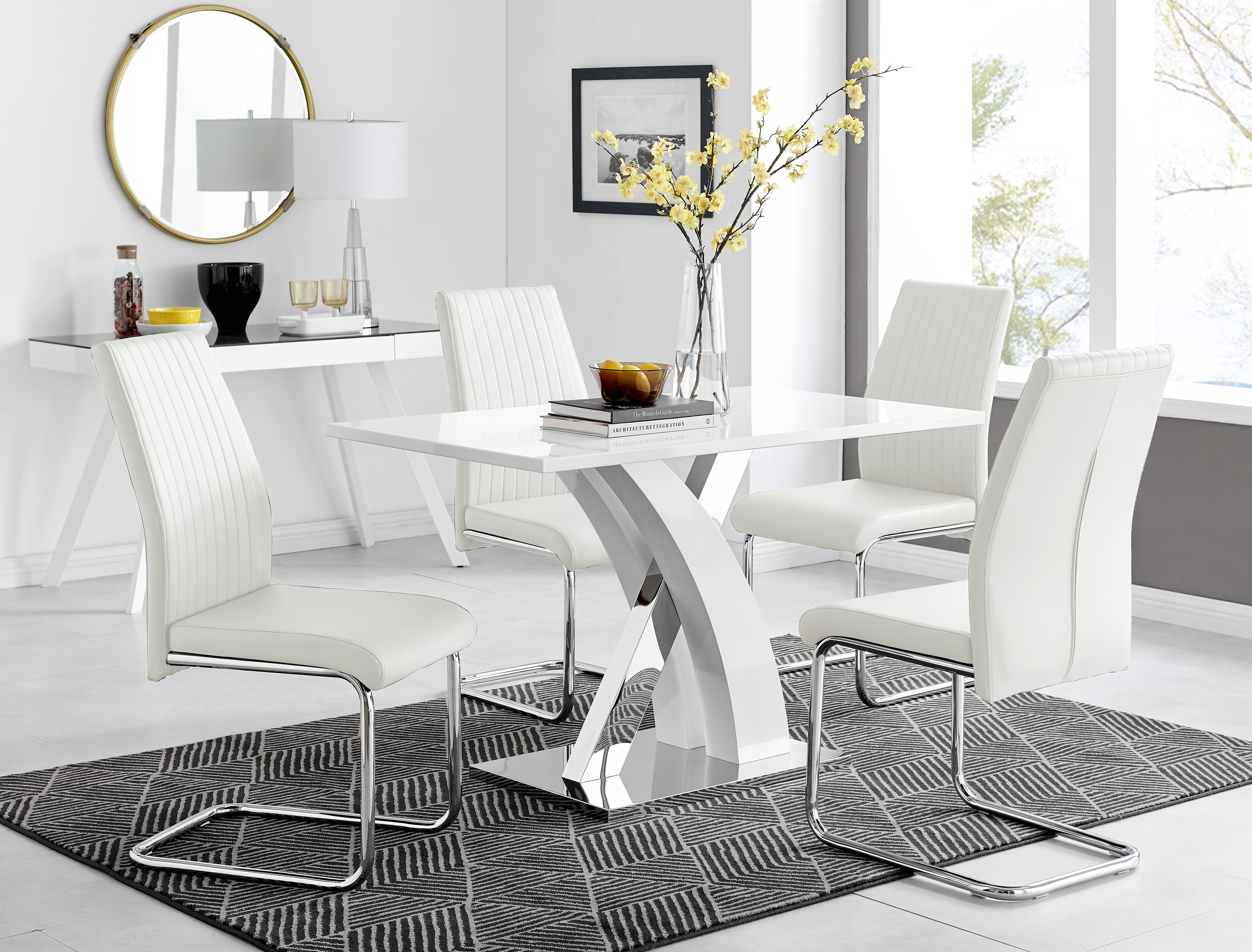 https://assets.wfcdn.com/im/07831226/compr-r85/1907/190759074/edzard-chrome-white-high-gloss-dining-table-set-with-4-luxury-faux-leather-dining-chairs.jpg