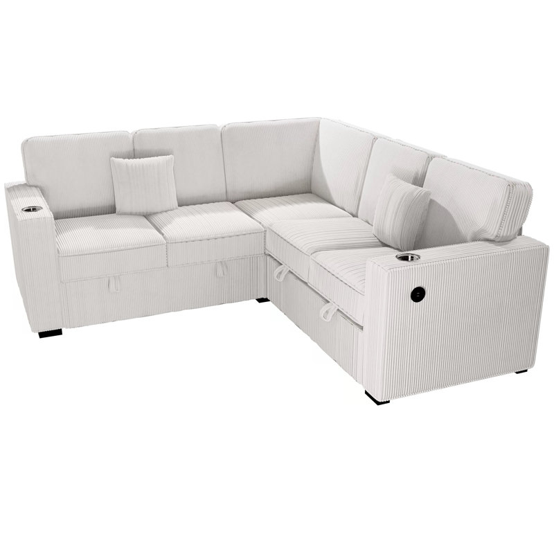 Canapé modulaire rembourré en L 3 pièces en velours côtelé avec porte-gobelets intégrés, Velours côtelé beige