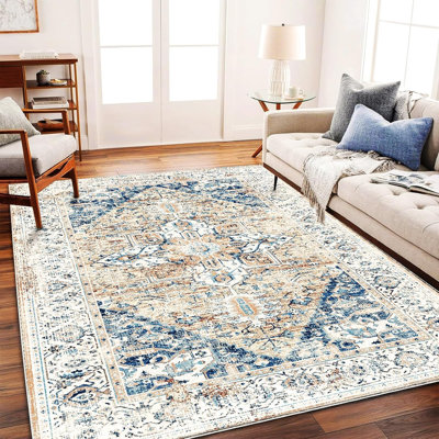 Tapis lavable 274 x 366 cm, style bohème chic, motif médaillon vieilli, ne peluche pas, entretien facile, idéal pour les zones de passage fréquent (salon, chambre, bureau, table basse, grand tapis).