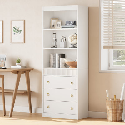Bibliothèque moderne cannelée avec tiroirs - bibliothèque haute à 6 niveaux, tablettes ouvertes ondulées et grande armoire de rangement, étagère de présentation autoportante en bois pour le salon, la salle à manger ou le bureau, blanc, 60 ondes simples