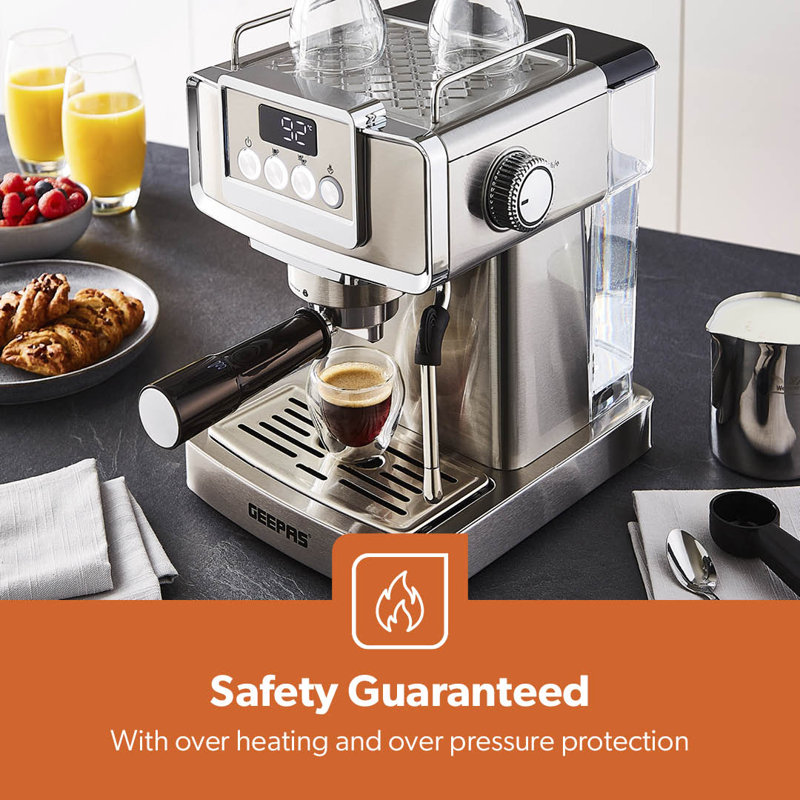 GEEPAS Espresso Coffee Machine with Milk Frother, 20 Bar Pressure | 1.8L Detachable Water Tank, Stainless Steel Housing | 1465W
