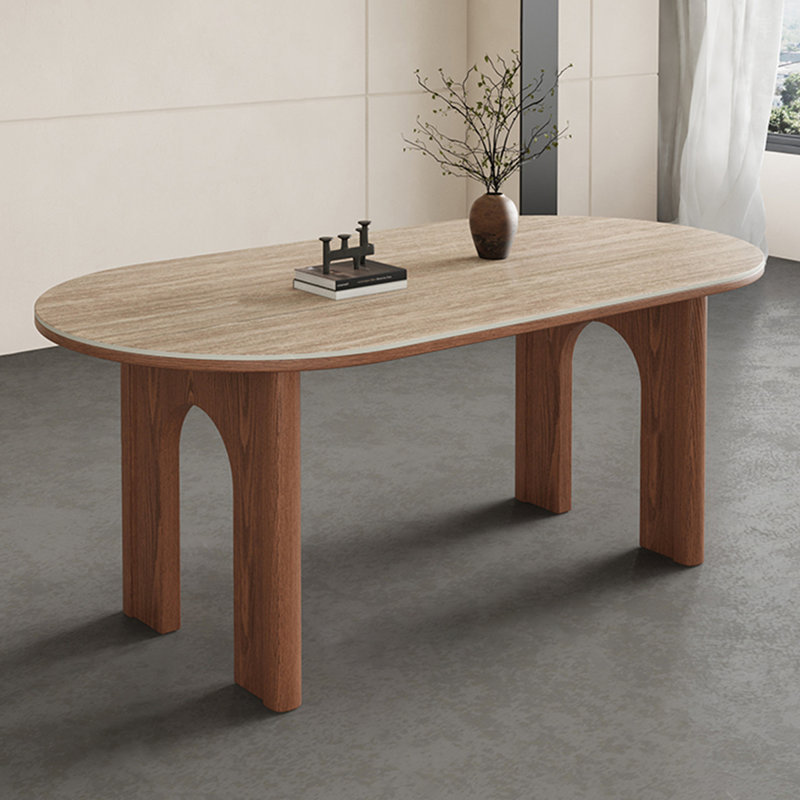 Table de salle à manger en pierre ovale brun noisette + feuille de papillon en bois massif